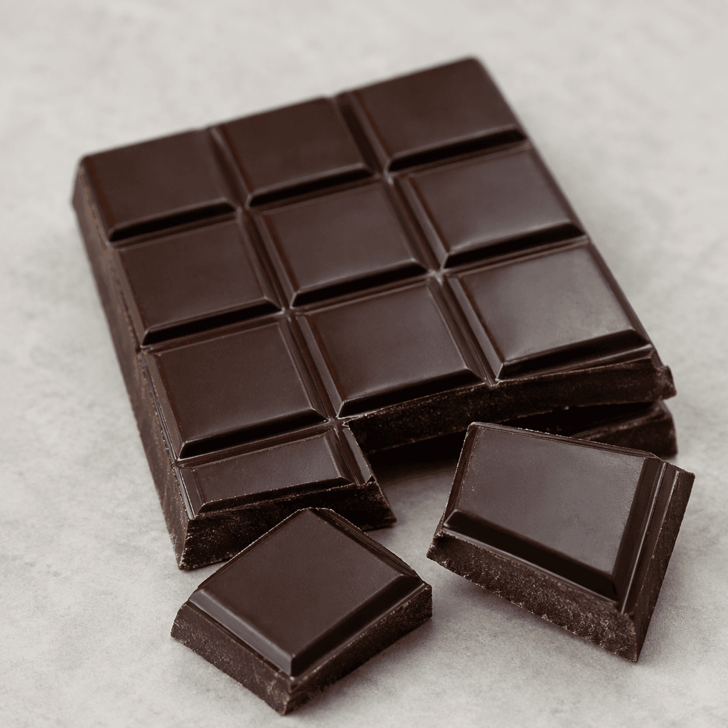 A dark brown, almost black chocolate bar with a smooth, slightly glossy surface, scored into neat rectangular squares, with a few pieces separated to reveal a clean, firm interior.