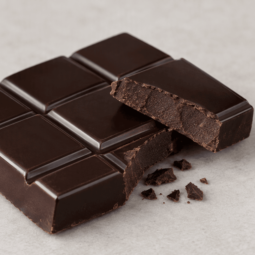 A thick, segmented bar of 80% cocoa dark chocolate with a deep brown, almost black colour, smooth slightly glossy surfaces, and clean rectangular sections with a dense matte-brown interior visible where a piece is broken.