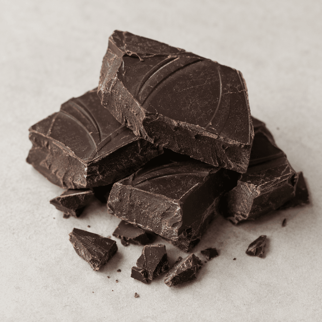 A few thick, irregular squares of very dark brown chocolate with a matte surface, crisp broken edges, and subtle raised patterns, arranged on a plain surface with smaller shards scattered nearby.