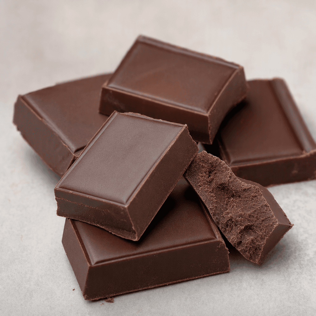 Several thick, deep-brown chocolate squares with a smooth, faintly glossy surface and crisp molded edges are arranged beside a broken piece showing a rough, matte interior.