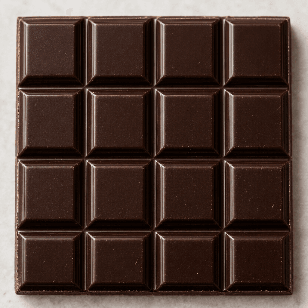 A nearly black-brown chocolate bar divided into neat rectangular segments, with a smooth surface and a subtle sheen.