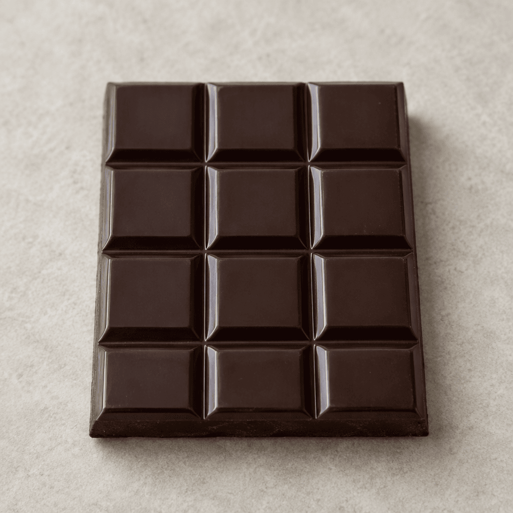 A deep brown, almost black chocolate bar with a smooth, slightly glossy surface, rectangular scored sections, and clean, sharply defined edges.