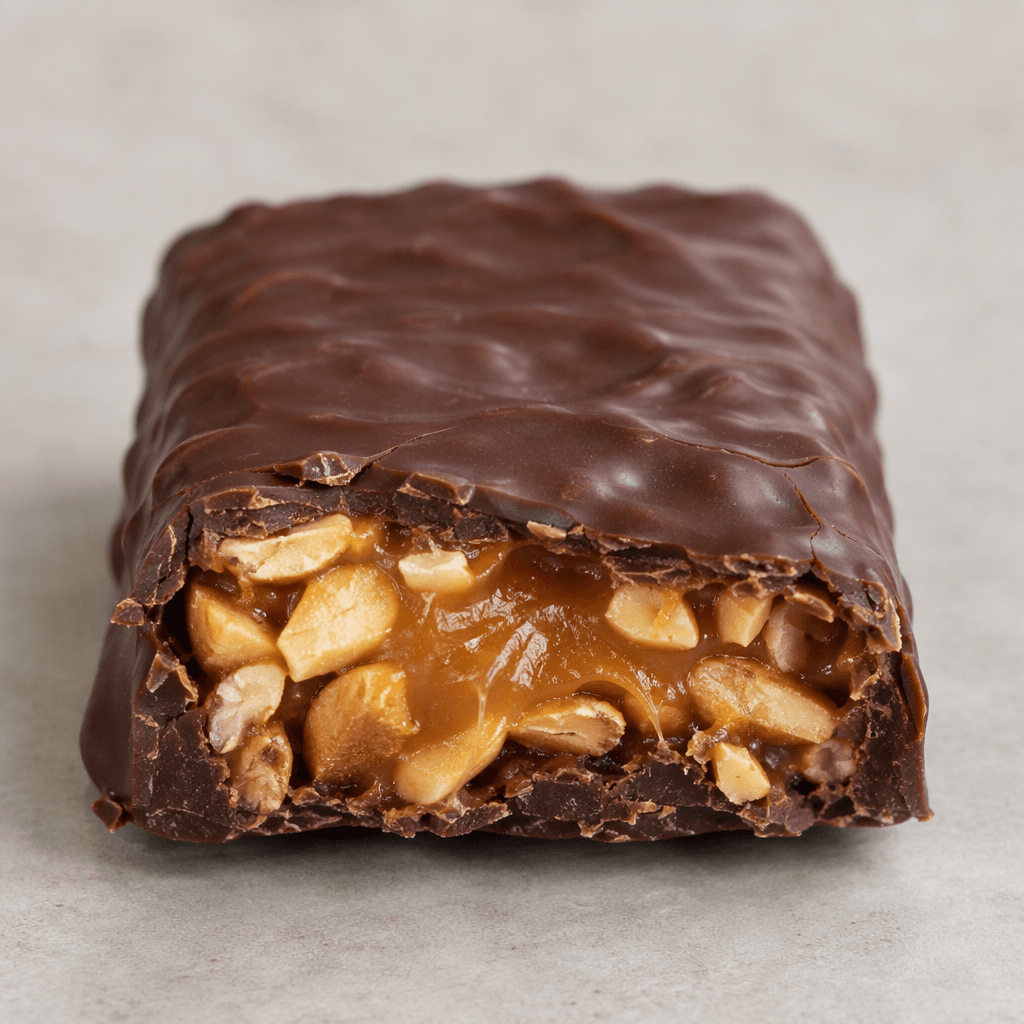 A chunky rectangular dark-brown chocolate bar with a slightly rippled coating, showing a soft golden caramel layer and scattered roasted peanut pieces at a broken cross-section.
