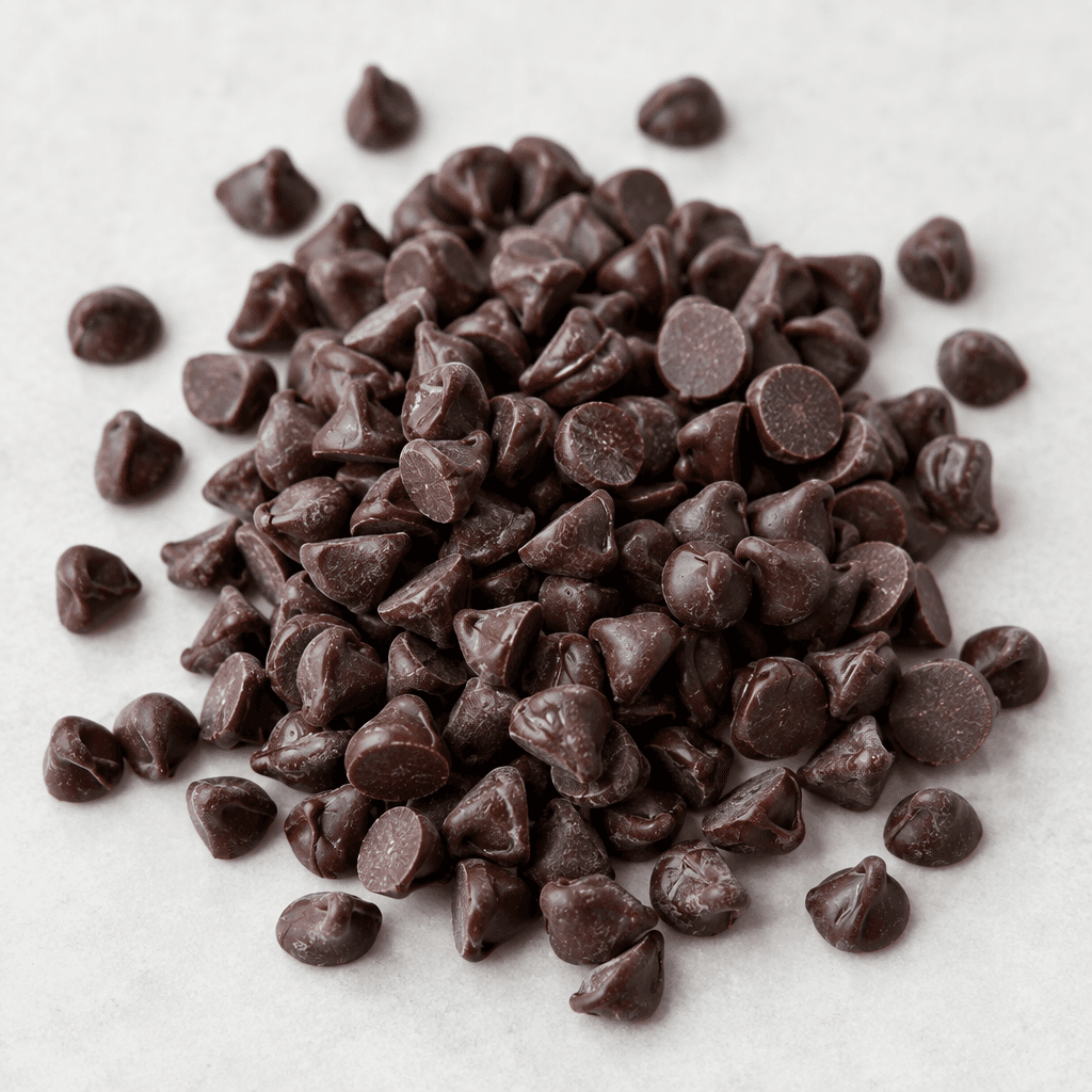 Small, irregularly shaped dark brown chocolate chips with a smooth, slightly glossy surface, scattered loosely across a plain light-colored surface.