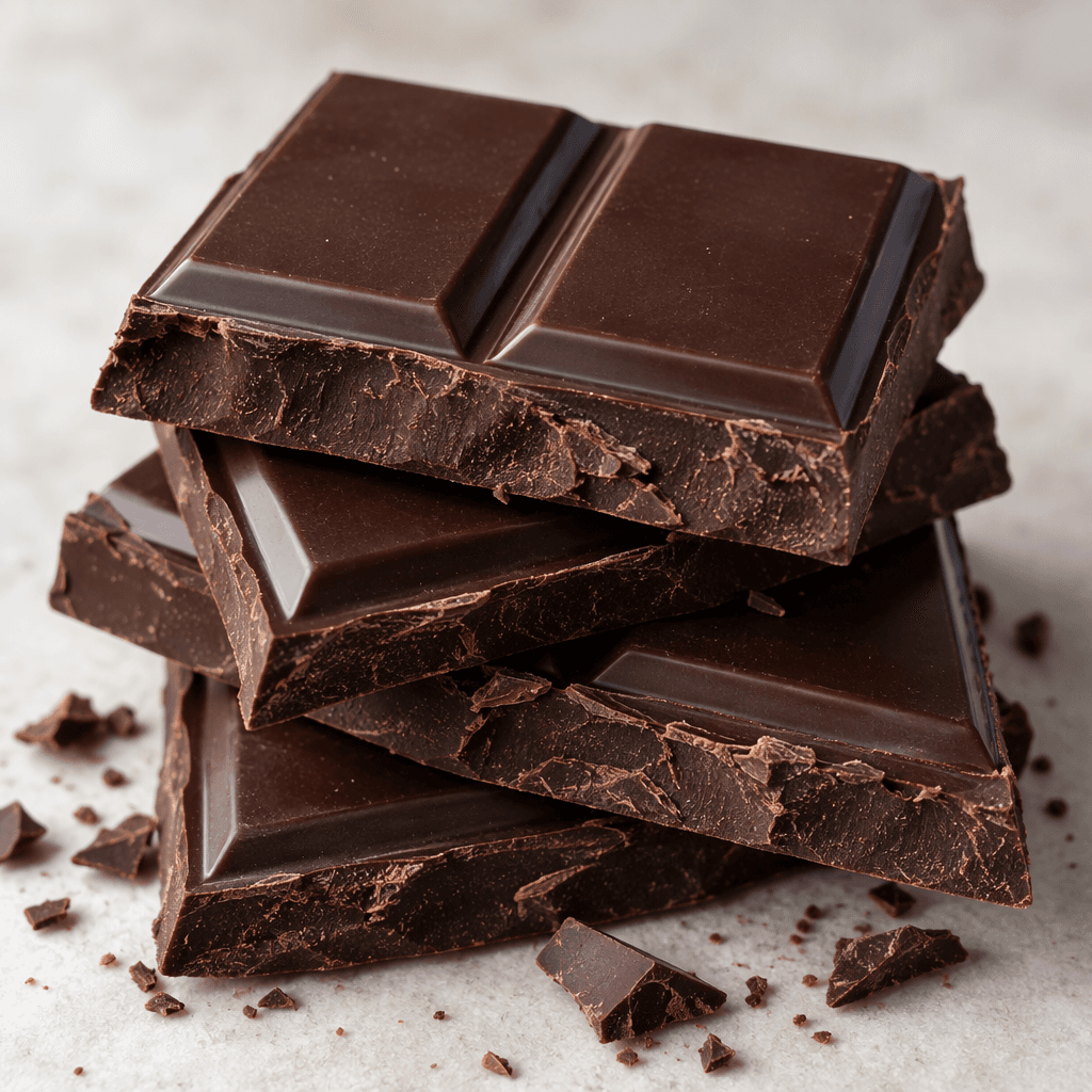 A deep, nearly black-brown chocolate bar is broken into thick rectangular pieces with smooth surfaces and a faint sheen.