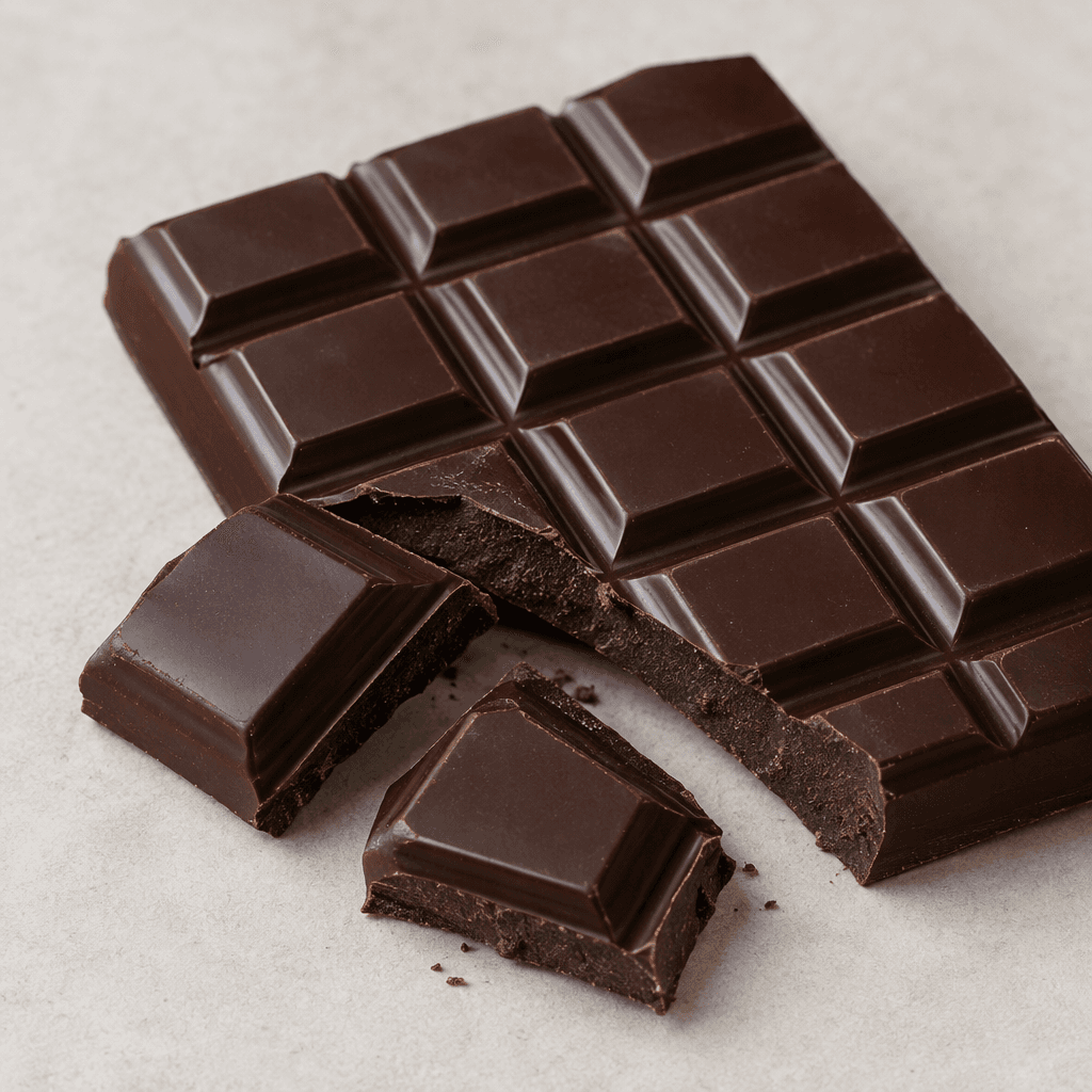 A deep brown dark chocolate bar with a smooth, slightly glossy surface and neat raised rectangular segments, with a few broken pieces showing a matte, solid interior.