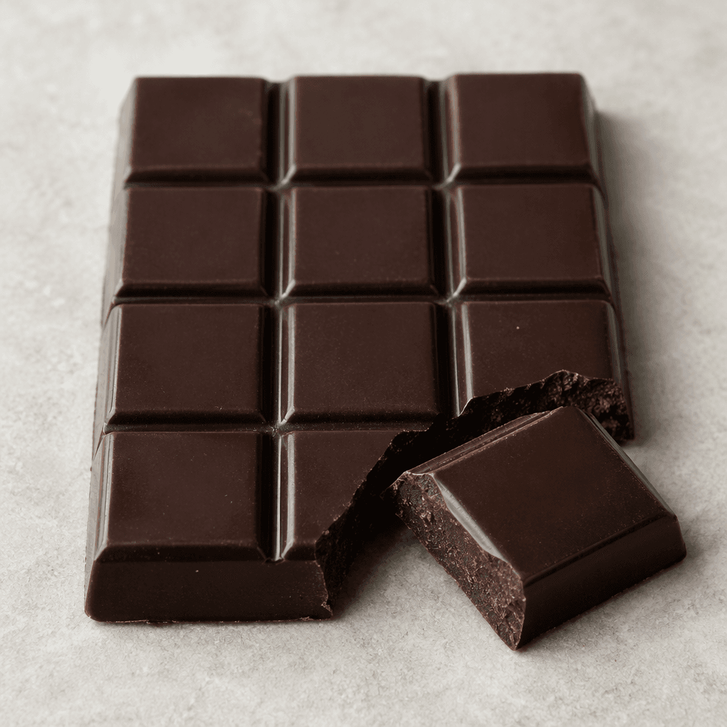 Deep brown, almost black chocolate formed into a flat bar divided into neat rectangular squares, with a smooth slight sheen and one broken piece revealing a dense, clean-edged interior.