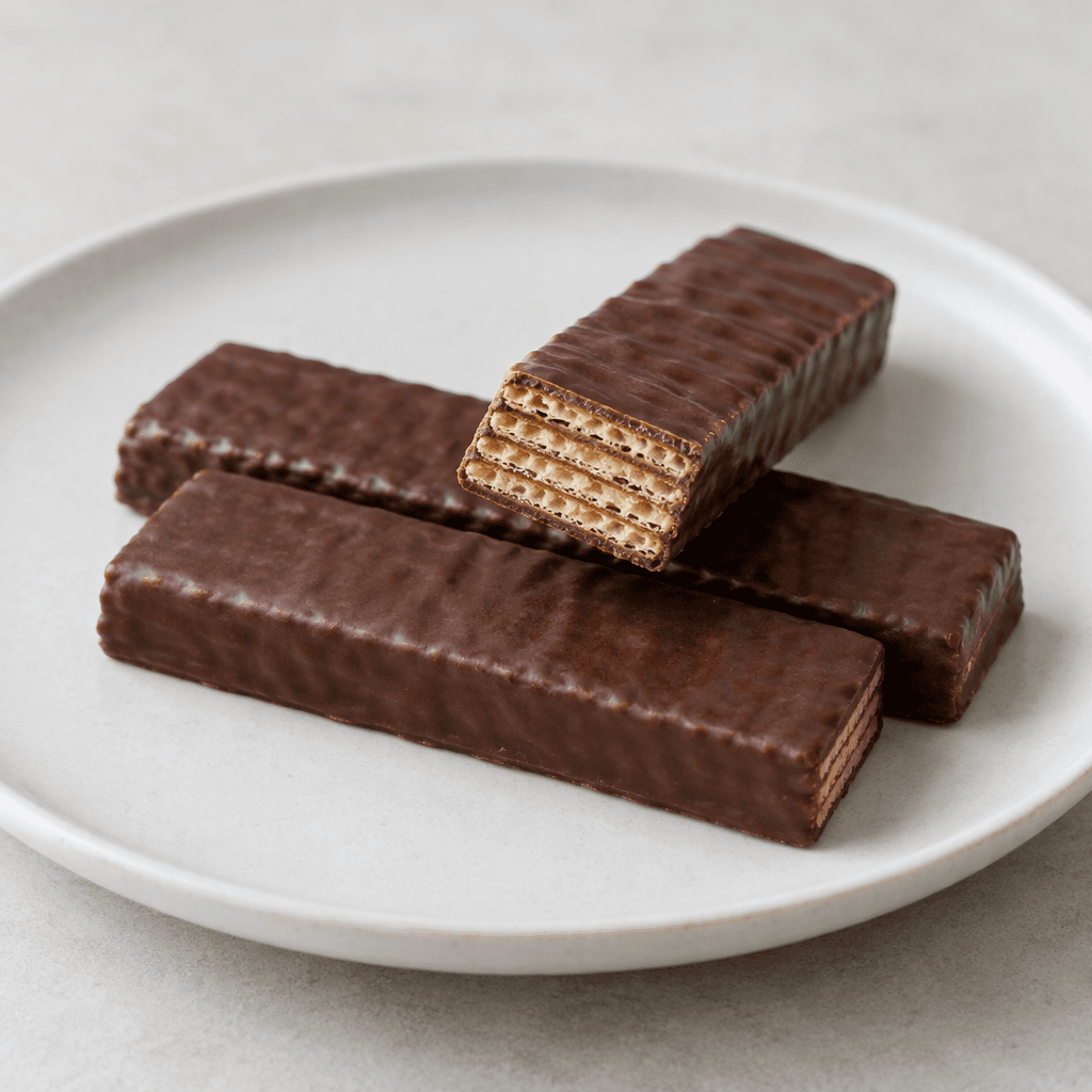 A slim rectangular wafer with several thin, pale golden crisp layers visible along the edges, covered in a smooth dark brown chocolate coating and arranged on a simple plate with one piece slightly angled to show the layers.