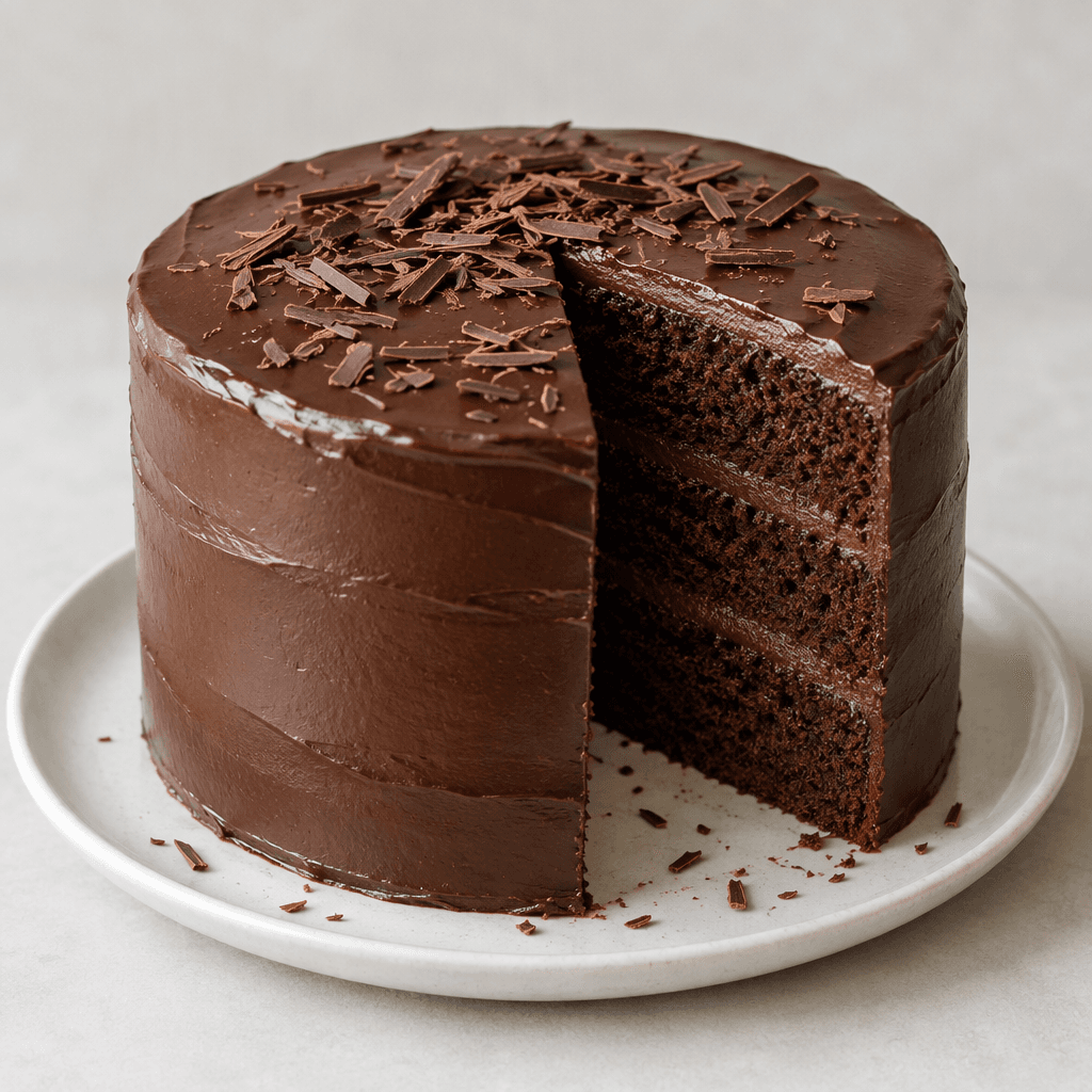 A single round, tall layer cake with deep dark-brown sponge and smooth glossy chocolate frosting covering the top and sides, cut to reveal several moist-looking brown layers, and served on a plain plate with a few chocolate shavings scattered on top.
