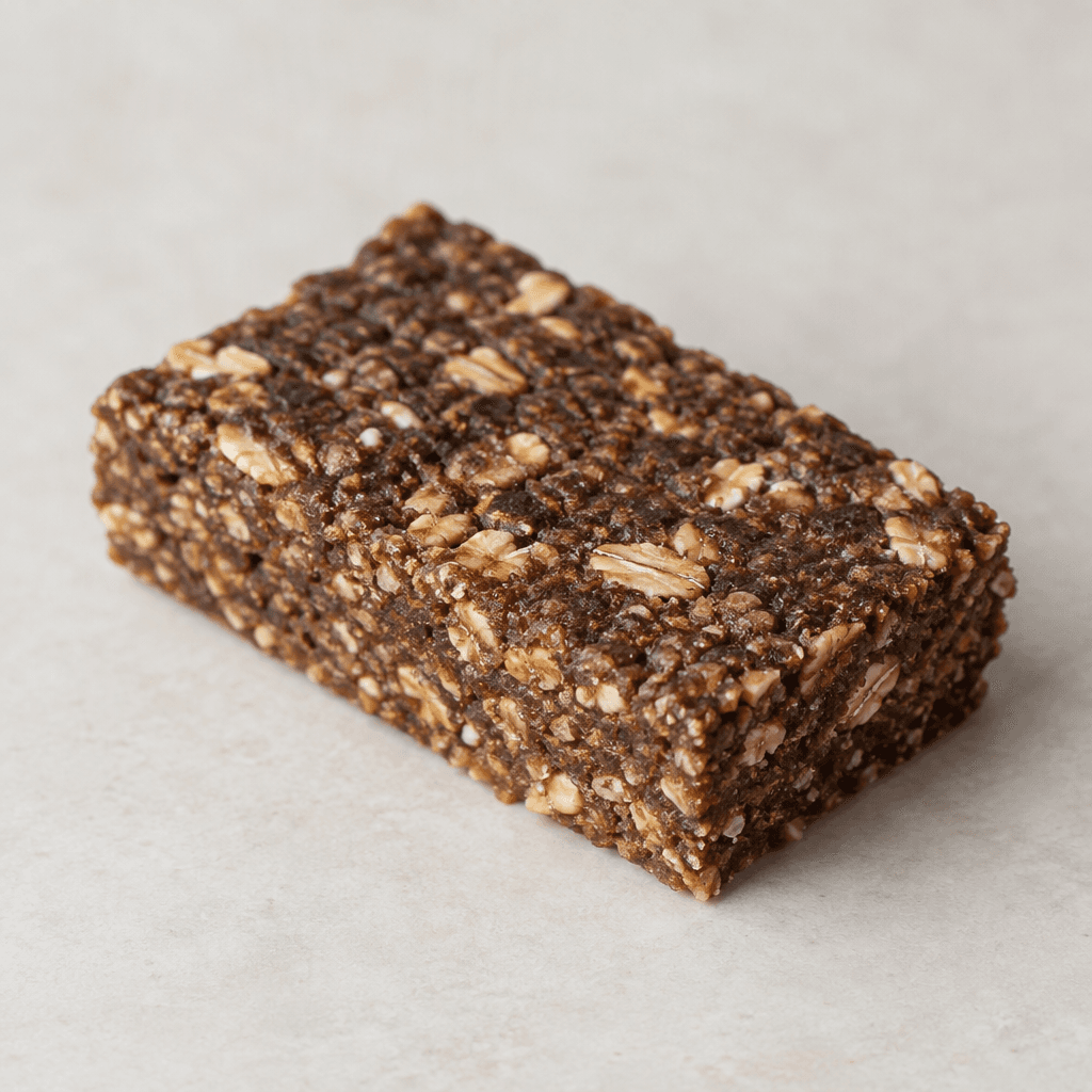 A rectangular dark-brown oat bar with a slightly uneven surface, visible pale oat flakes and small crumbly grains, and cleanly cut edges, resting on a plain surface.
