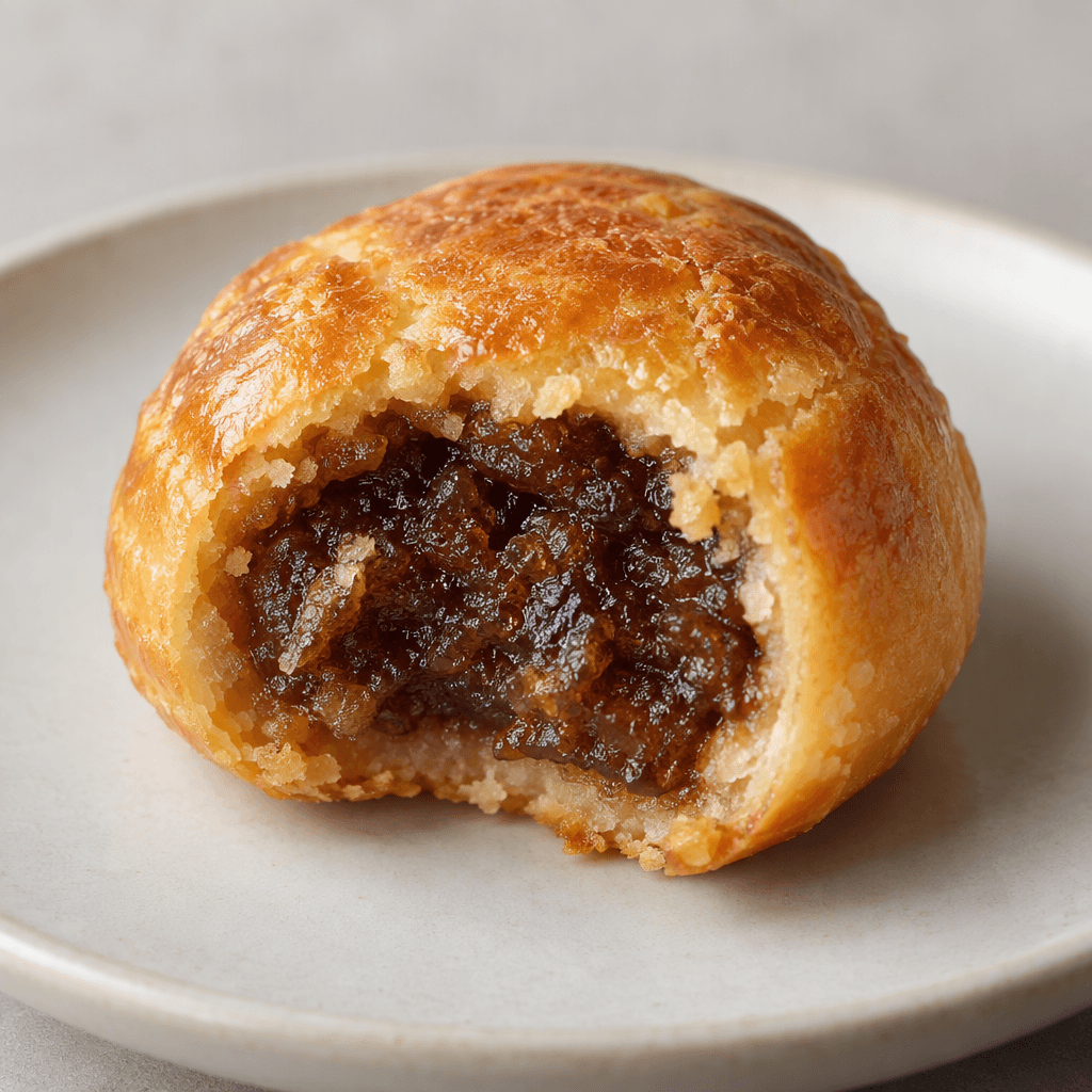 A small, golden-brown sweet with a thick, dark-brown filling visible at its center, served on a plain plate.