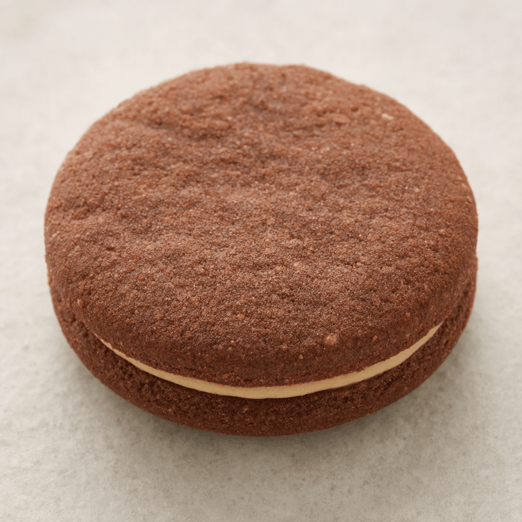 A round, dark-brown biscuit with a lightly textured surface and a pale filling visible between two crisp layers.