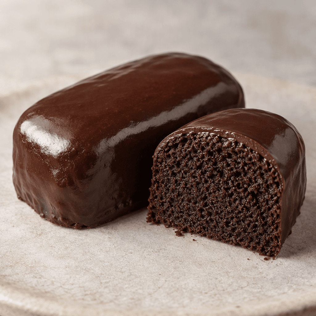 A small oblong cake with rounded corners, dark cocoa-brown crumb and a smooth, glossy dark-chocolate coating, shown whole beside a cut piece revealing its fine, darker interior.