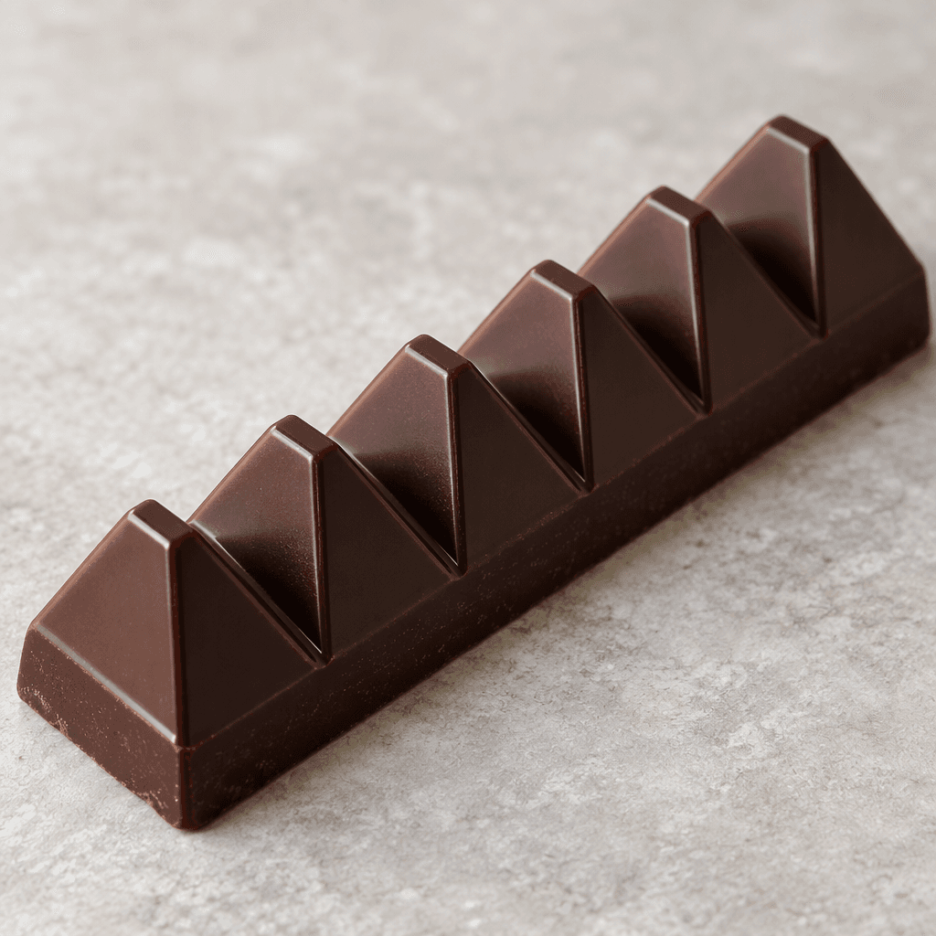 A long, dark-brown chocolate bar with a row of sharply peaked triangular sections and a smooth, slightly glossy surface.