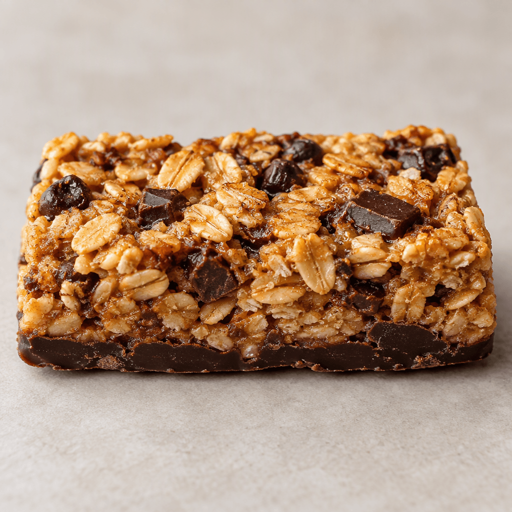 A compact, rectangular oat bar with an uneven surface of pressed golden-brown oat flakes and visible dark chocolate pieces, with a dark chocolate layer along the base.
