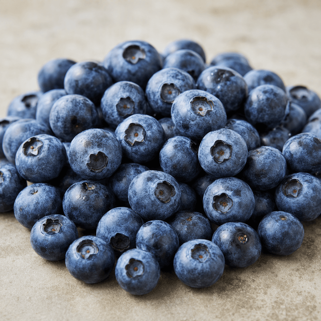Small, round blueberries with deep blue-purple skins, a soft whitish bloom, and smooth, taut surfaces are arranged together on a plain surface.