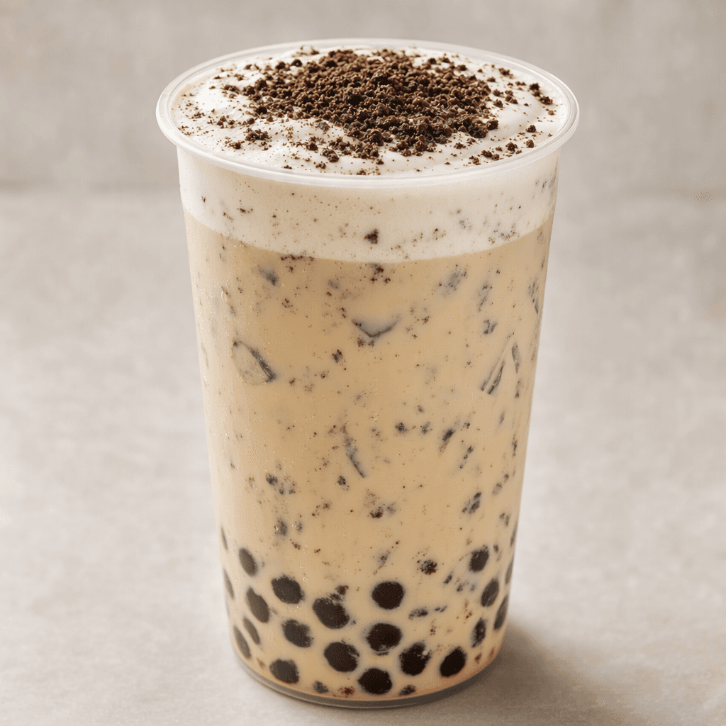 A clear cup holds creamy, pale beige tea with dark, round tapioca pearls clustered at the bottom and small dark cookie crumbs swirled through the drink, topped with a thick layer of pale foam and fine crumbs.
