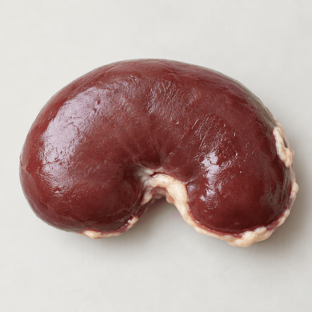 A dark reddish-brown, compact bean-shaped kidney with a smooth, moist surface, a shallow central indentation, and small areas of creamy-white fat around the edges.