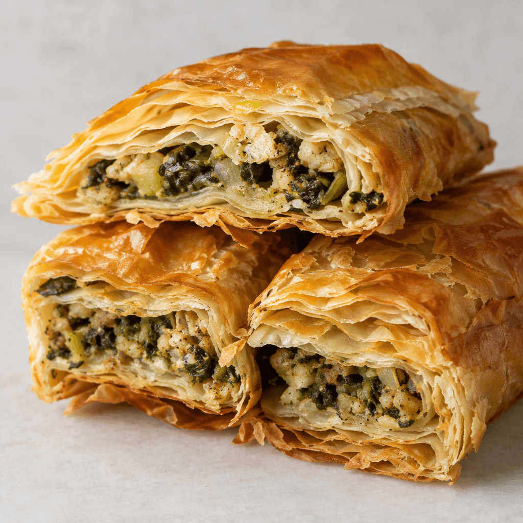 İnce yufka katmanları kıtırlaşarak kızarmış, kesilmiş parçalar hâlinde sunulan; katlarının arasında iç harcı görünen altın sarısı börek.
