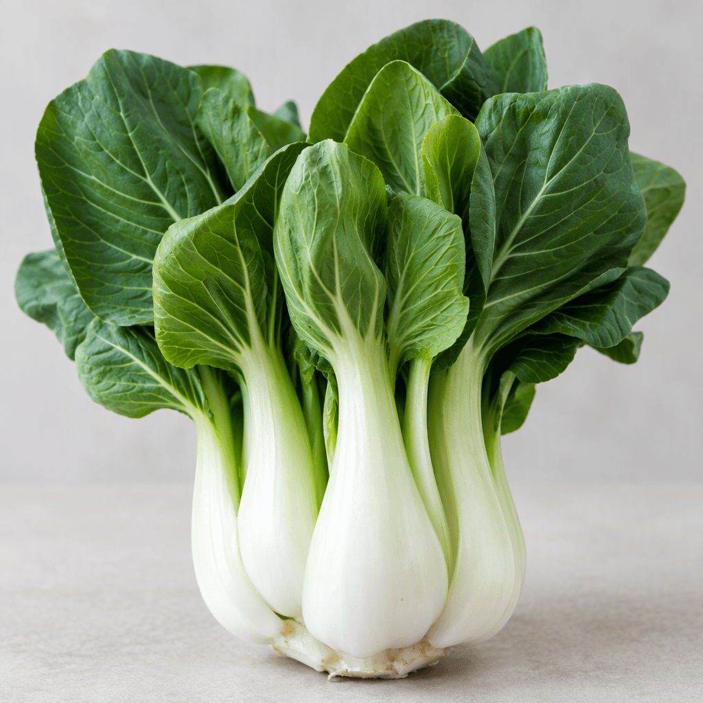 A fresh bunch of bok choy with smooth, bright white bulbous stalks clustered at the base and broad, dark green, spoon-shaped leaves rising above them.