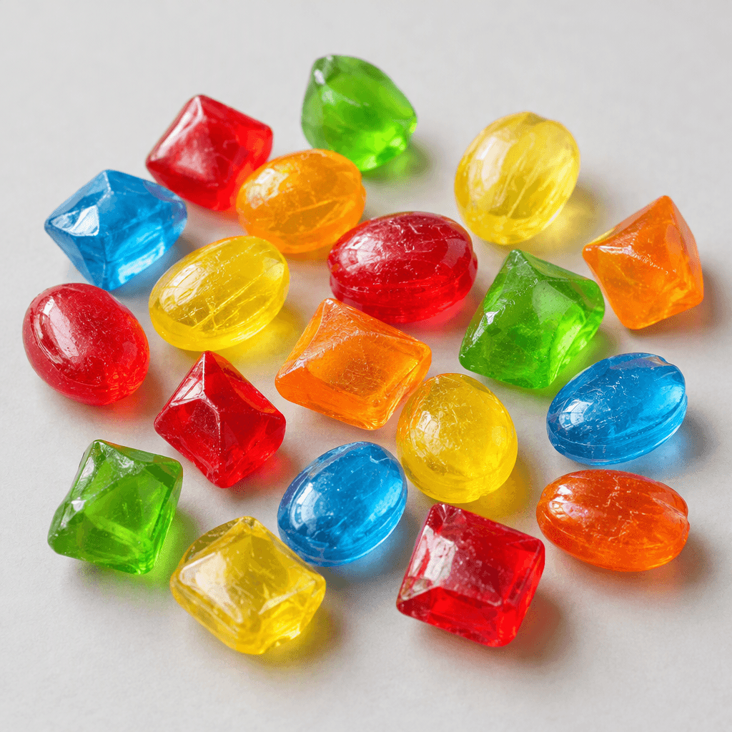 Small, glossy, translucent pieces of boiled sugar candy in bright assorted colours such as red, yellow, orange, green, and blue, with smooth hard surfaces, angular or rounded shapes, and scattered individually on a plain surface.