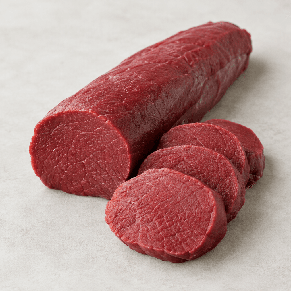 A long, thick, gently tapered cut of beef tenderloin with a smooth deep-red surface, very little visible fat, and a fine, compact texture, shown whole beside several round slices.