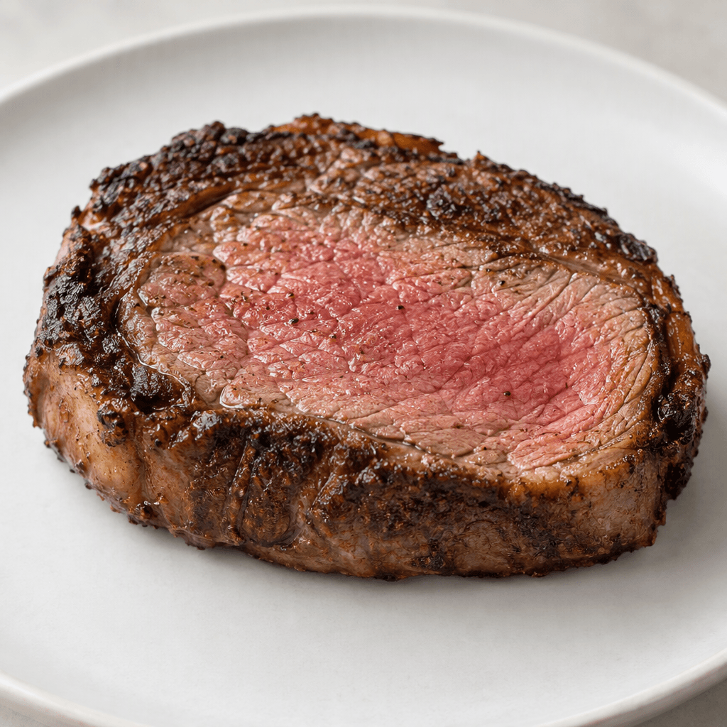 A thick, boneless, roughly oval slice of sirloin steak with an uneven dark-brown seared crust, visible browned edges, and a moist interior ranging from rosy pink to light brown, served on a plain plate.