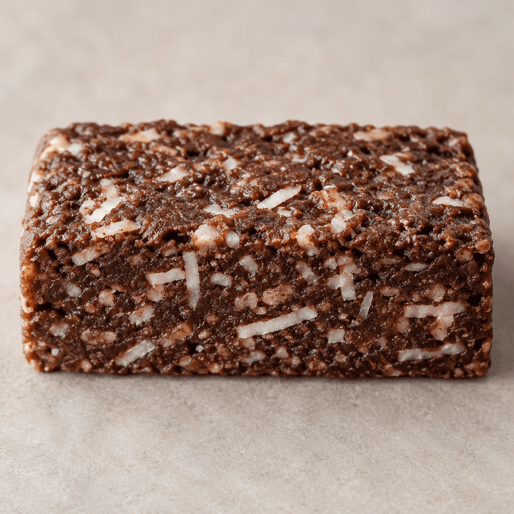A compact rectangular cocoa-brown bar with a slightly uneven, firm-looking surface and small pale coconut flecks visible throughout.