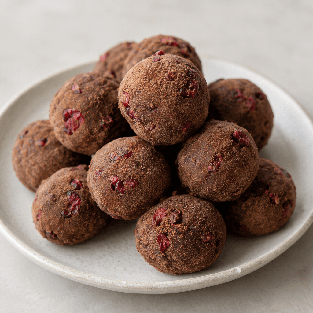 Small, rounded cocoa-brown sweets with a matte, lightly dusted surface and scattered red fruit pieces, arranged together on a plate.