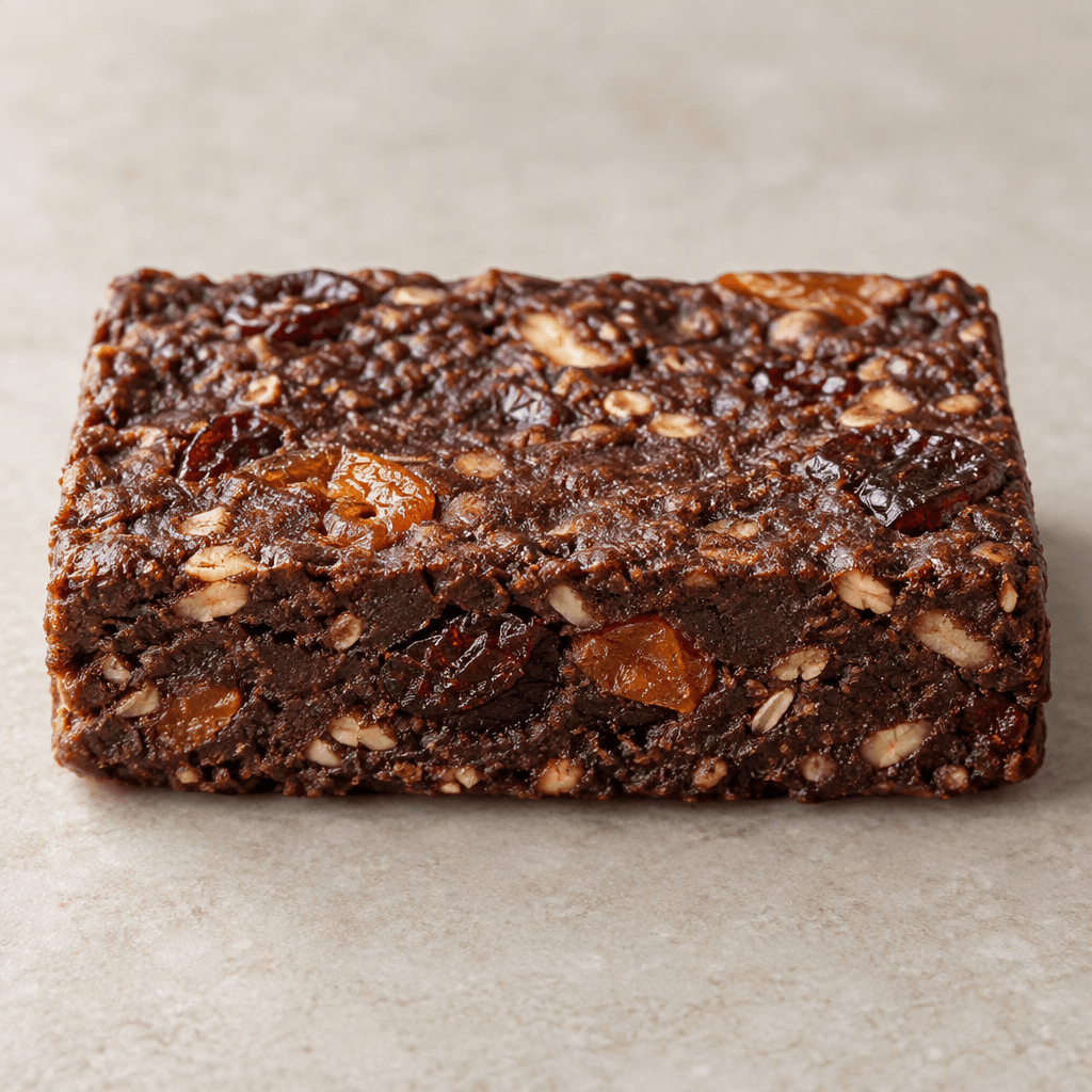 A compact rectangular dark-brown cocoa bar with small pieces of dried fruit visible throughout, shown whole with a slightly uneven, textured surface.