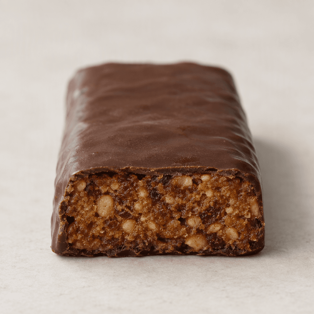 A short, rectangular fruit bar with a smooth dark-brown chocolate coating and a dense, slightly textured interior visible at its cut end, resting on a plain surface.