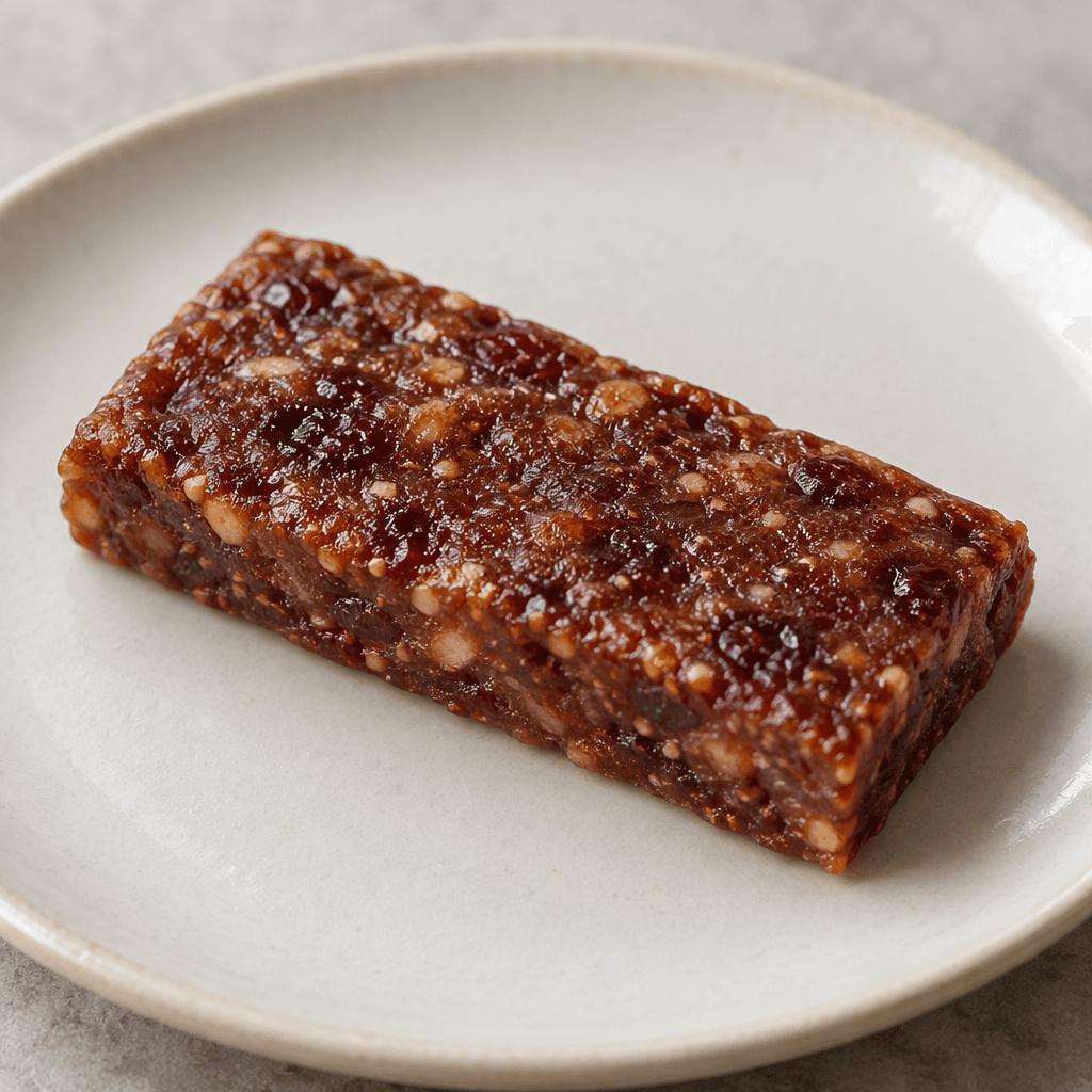 A small, dense rectangular fruit bar with a slightly glossy, uneven reddish-brown surface and tiny flecks of fruit visible throughout, served on a plain plate.