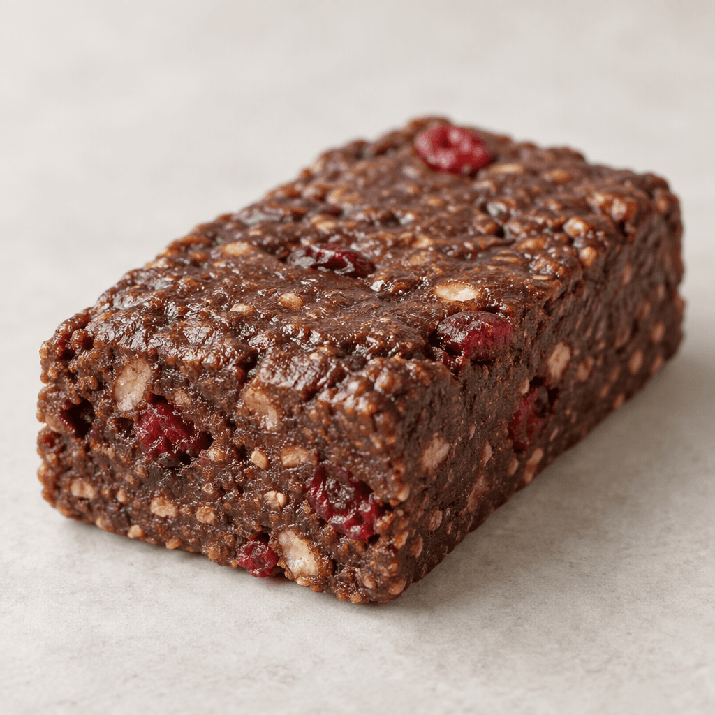 A compact rectangular cocoa-brown protein bar with a slightly uneven surface and small red berry pieces visible throughout.