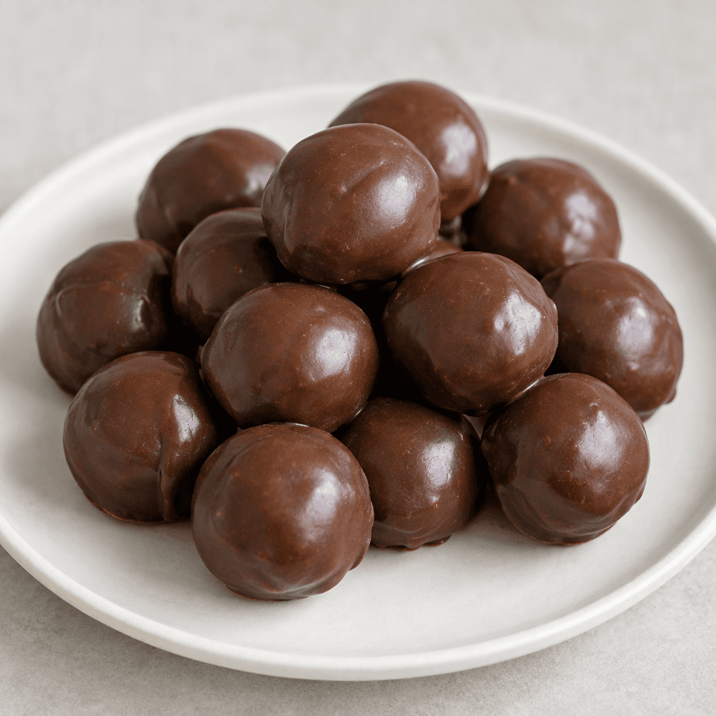 Small, round chocolate-brown sweets with a smooth, lightly glossy coating, arranged together on a plain plate.