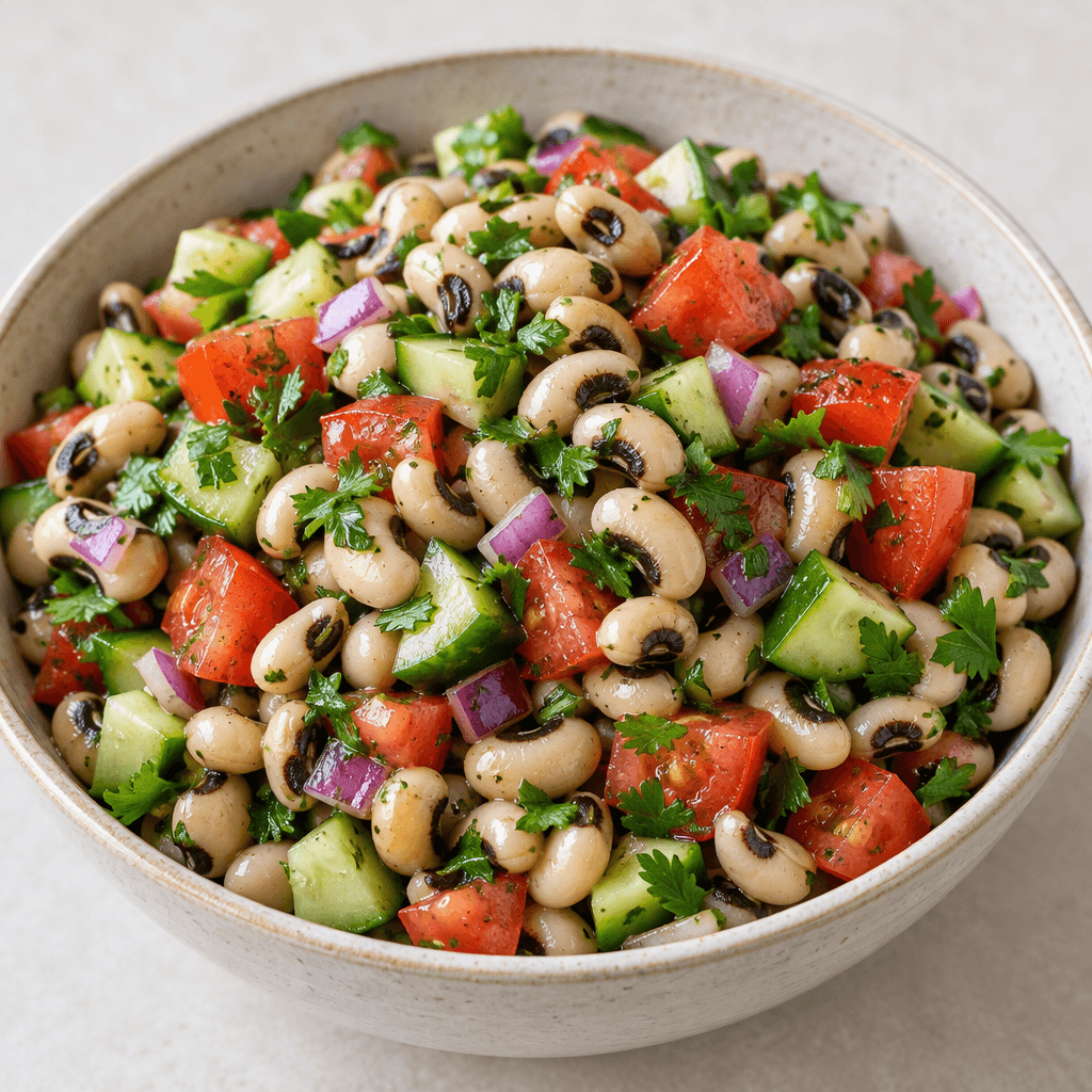 A colorful salad of plump cream-colored black-eyed peas with small black centers, diced red tomatoes, green cucumber, purple-red onion, and chopped parsley, lightly glistening in a shallow serving bowl.