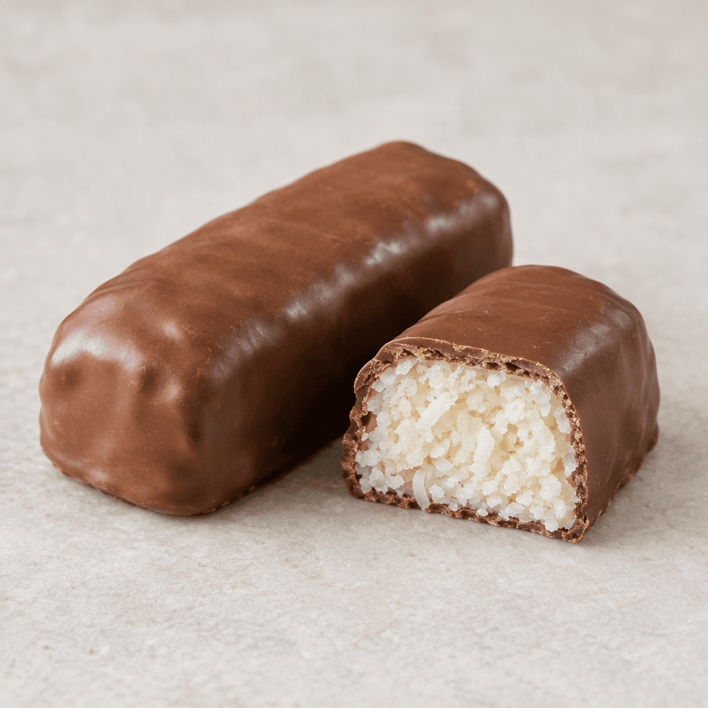 An oblong bar with a smooth milk-chocolate-brown coating, shown whole beside a cut piece that reveals a dense white coconut filling flecked with fine shreds.