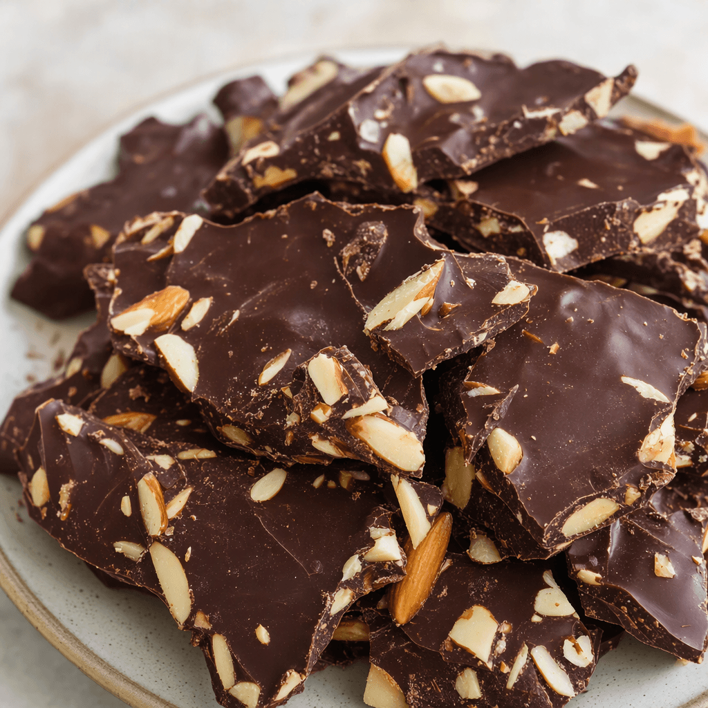 Dark brown chocolate pieces with pale tan almond pieces visible throughout, arranged on a plate with a smooth, slightly glossy surface and irregular broken edges.