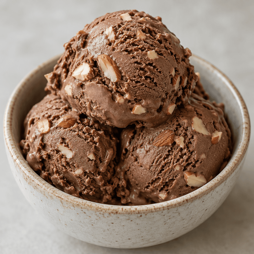 Scoops of chocolate-brown ice cream with visible pieces of chopped almond throughout, served in a small dish.