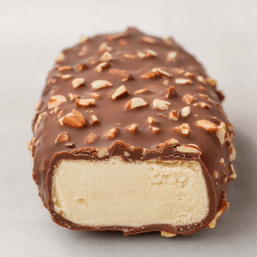 A pale cream-colored ice cream bar is coated in a glossy milk-chocolate shell studded with chopped almonds, with a creamy interior visible at the cut end.