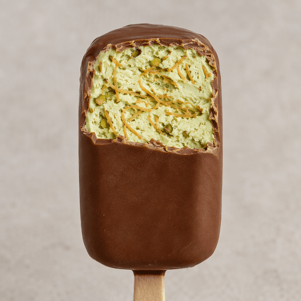 A rectangular ice-cream bar has a smooth milk-chocolate coating and a cross-section of pale green pistachio filling threaded with fine golden pastry strands.