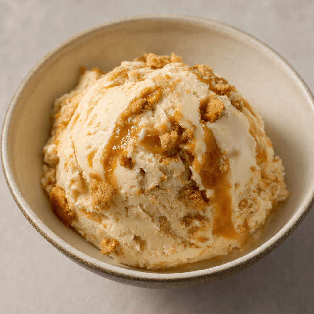 A scoop of pale beige ice cream with glossy caramel swirls and small golden-brown biscuit pieces, served in a bowl.