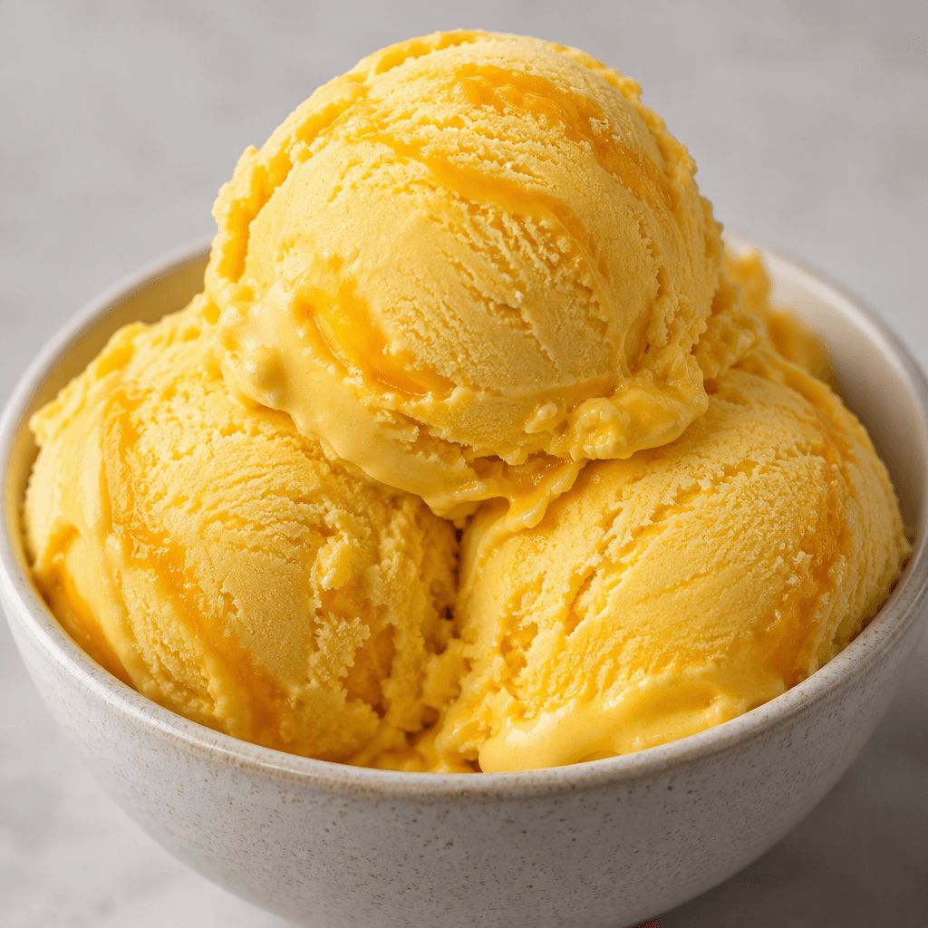 Smooth golden-yellow mango ice cream sits in rounded scoops, with a creamy surface and faint swirls of deeper orange.