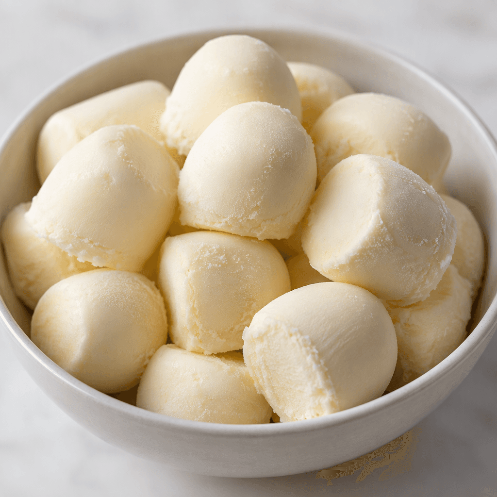 Small, smooth, pale-cream ice-cream portions are arranged together, with softly rounded edges and a slightly glossy, frozen surface.