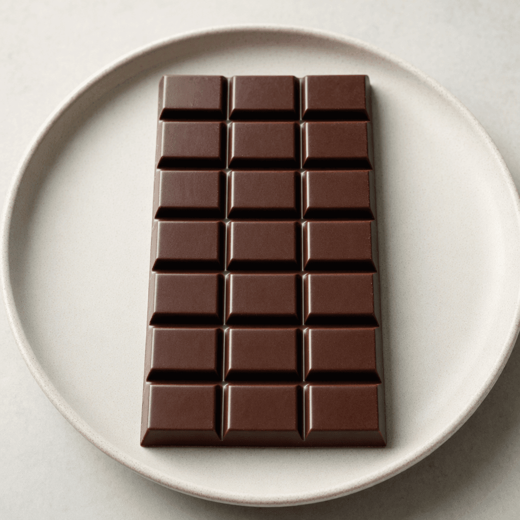 A dark brown chocolate bar with a smooth, slightly glossy surface and shallow rectangular sections sits on a plain plate.