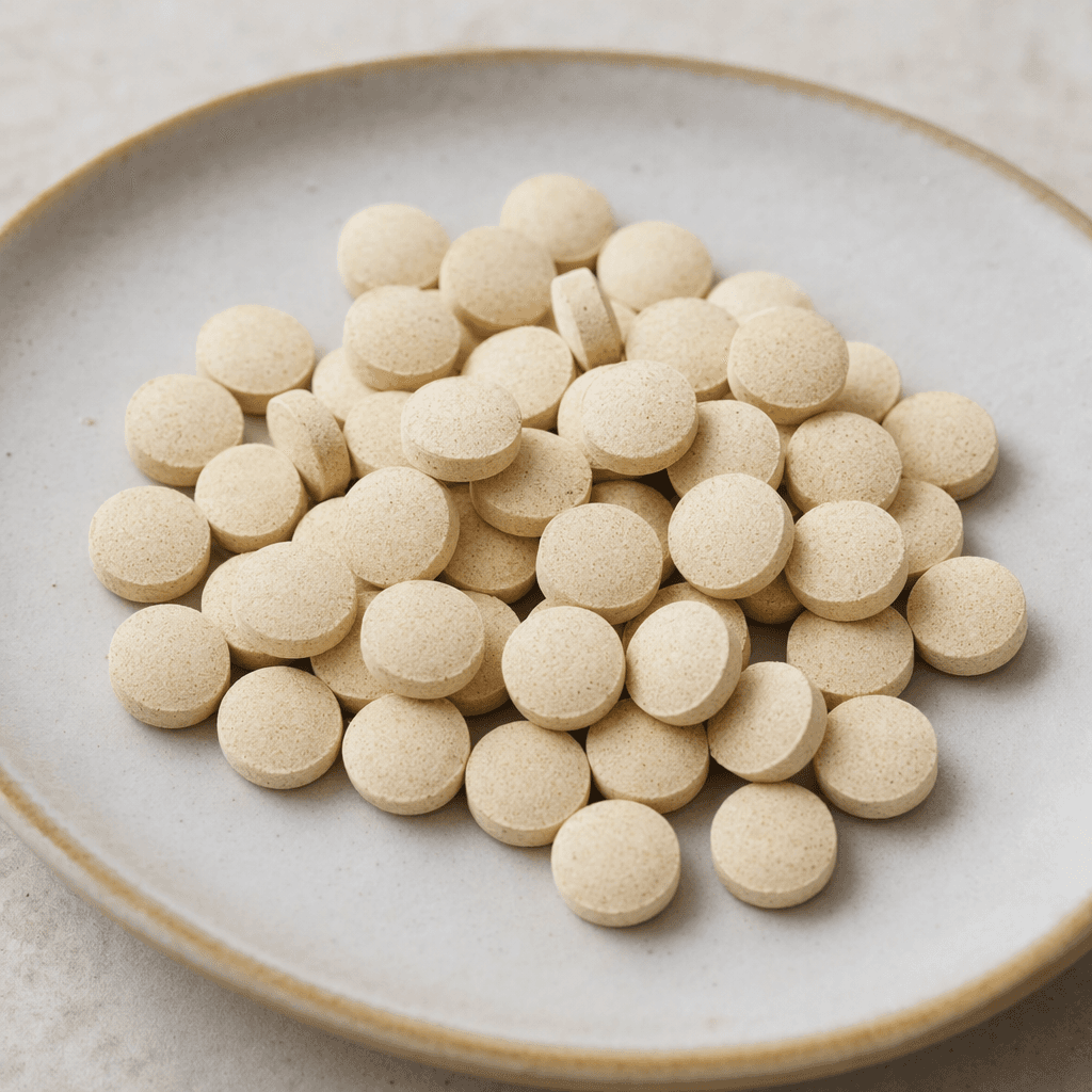 Small, round, flat, pale beige tablets with a fine, slightly grainy surface, arranged in a loose cluster on a plain plate.