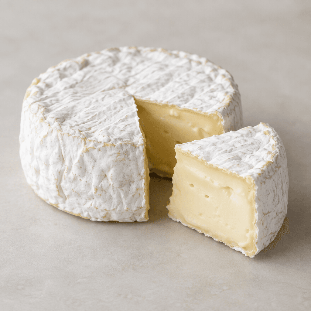 A small round wheel of Brie cheese with a soft white bloomy rind, shown whole beside a cut wedge revealing a smooth, pale ivory, creamy interior.