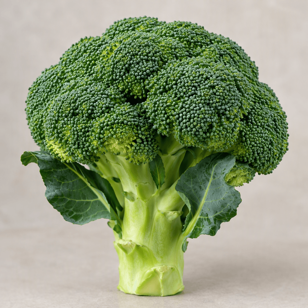A whole broccoli head with a dense, rounded crown of tightly clustered dark-green florets on short branching stems, attached to a thick, pale-green stalk with a few broad leaves.