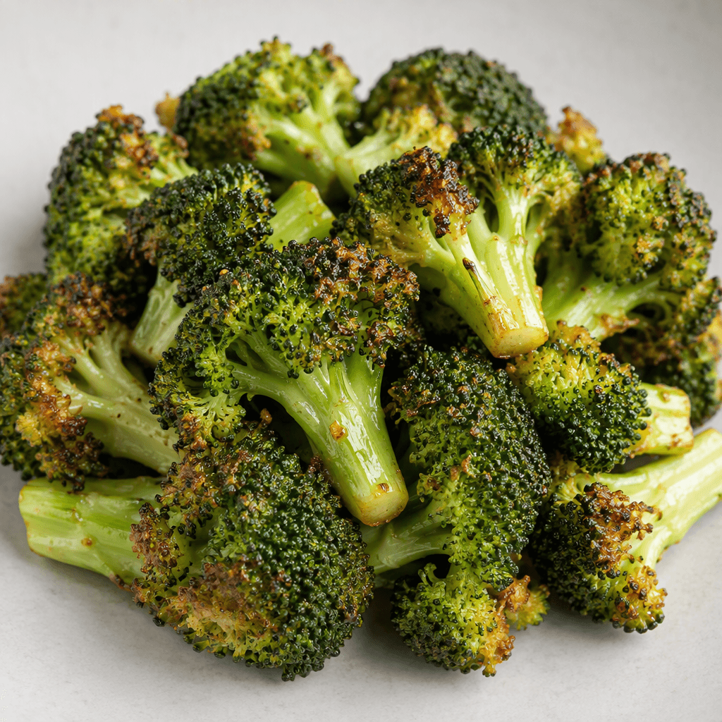 A serving of broccoli florets with short pale-green stems and branching dark-green crowns, showing slightly wrinkled surfaces and scattered golden-brown crisp edges.