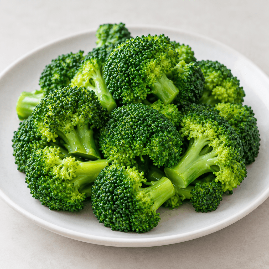 Bright green broccoli florets with compact, bumpy crowns and short, firm stems, lightly glistening with moisture and arranged on a plain plate.