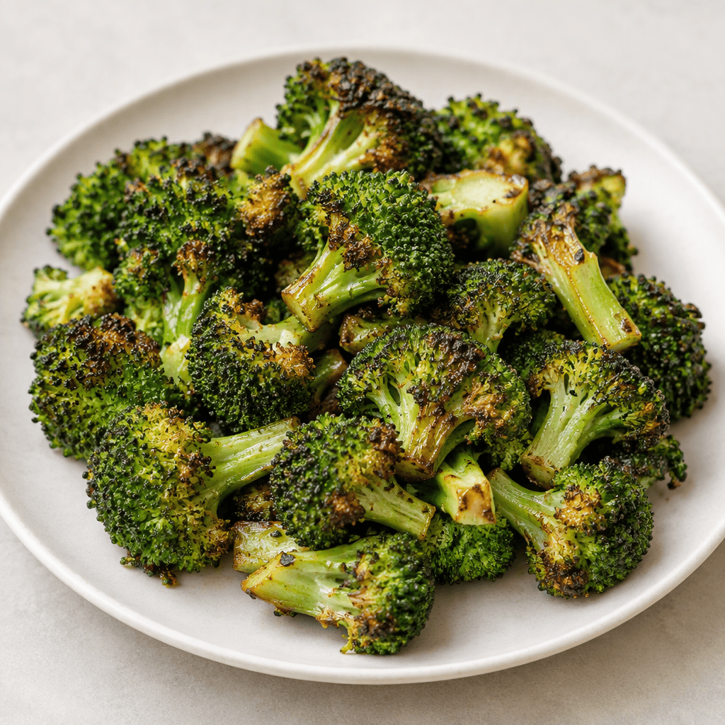 Irregular broccoli florets and short stems with deep green tops, crisp-looking browned edges, and scattered dark caramelized spots are piled on a light serving plate.